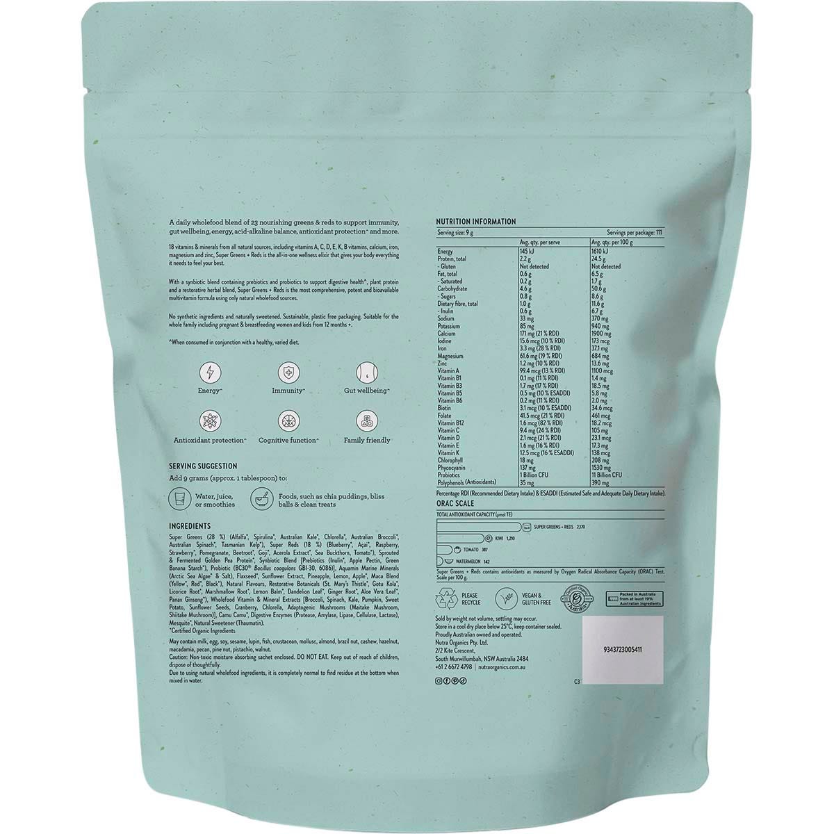 Nutra Organics Super Greens + Reds 1kg - Nutra Organics