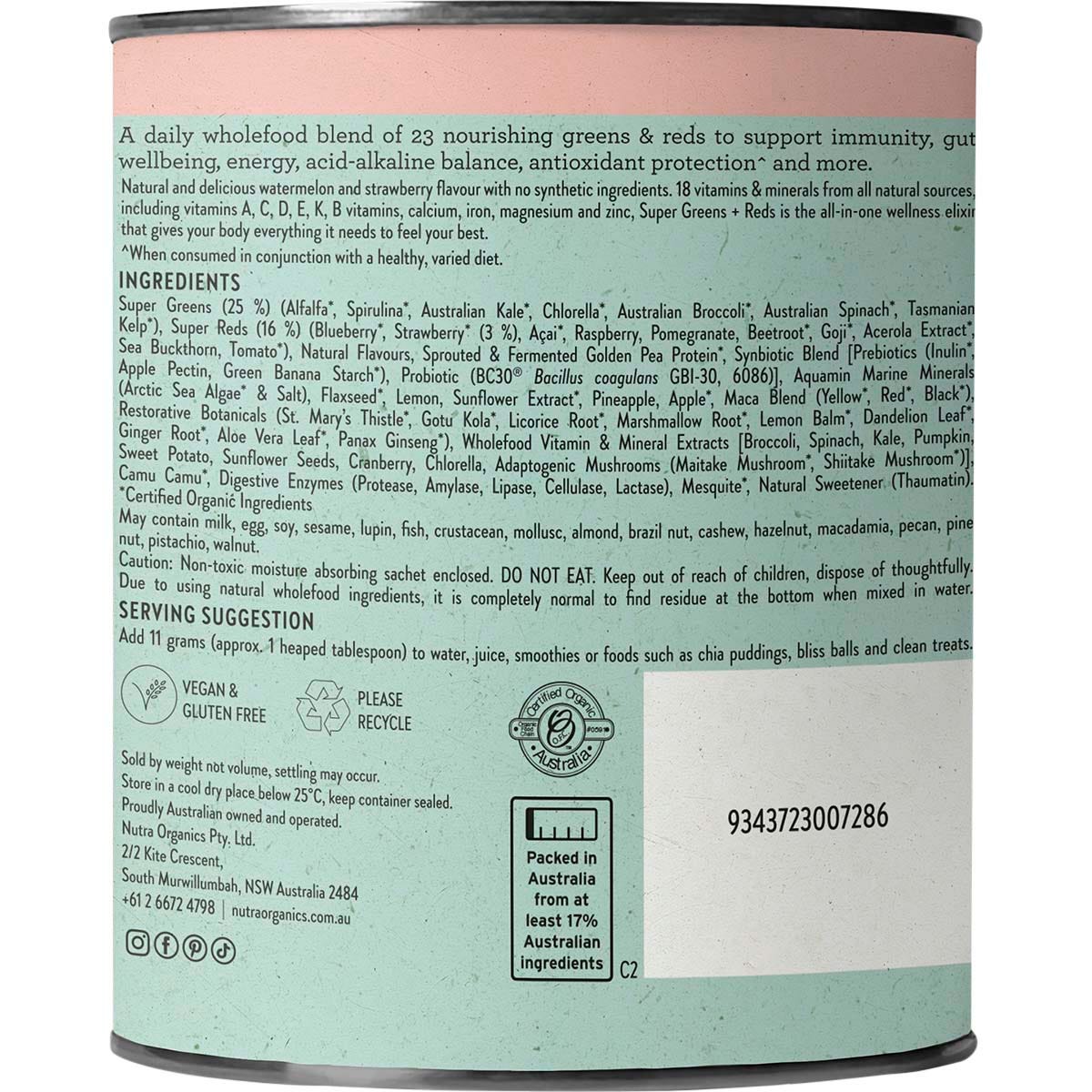 Nutra Organics Super Greens + Reds Watermelon Strawberry 300g - Nutra Organics