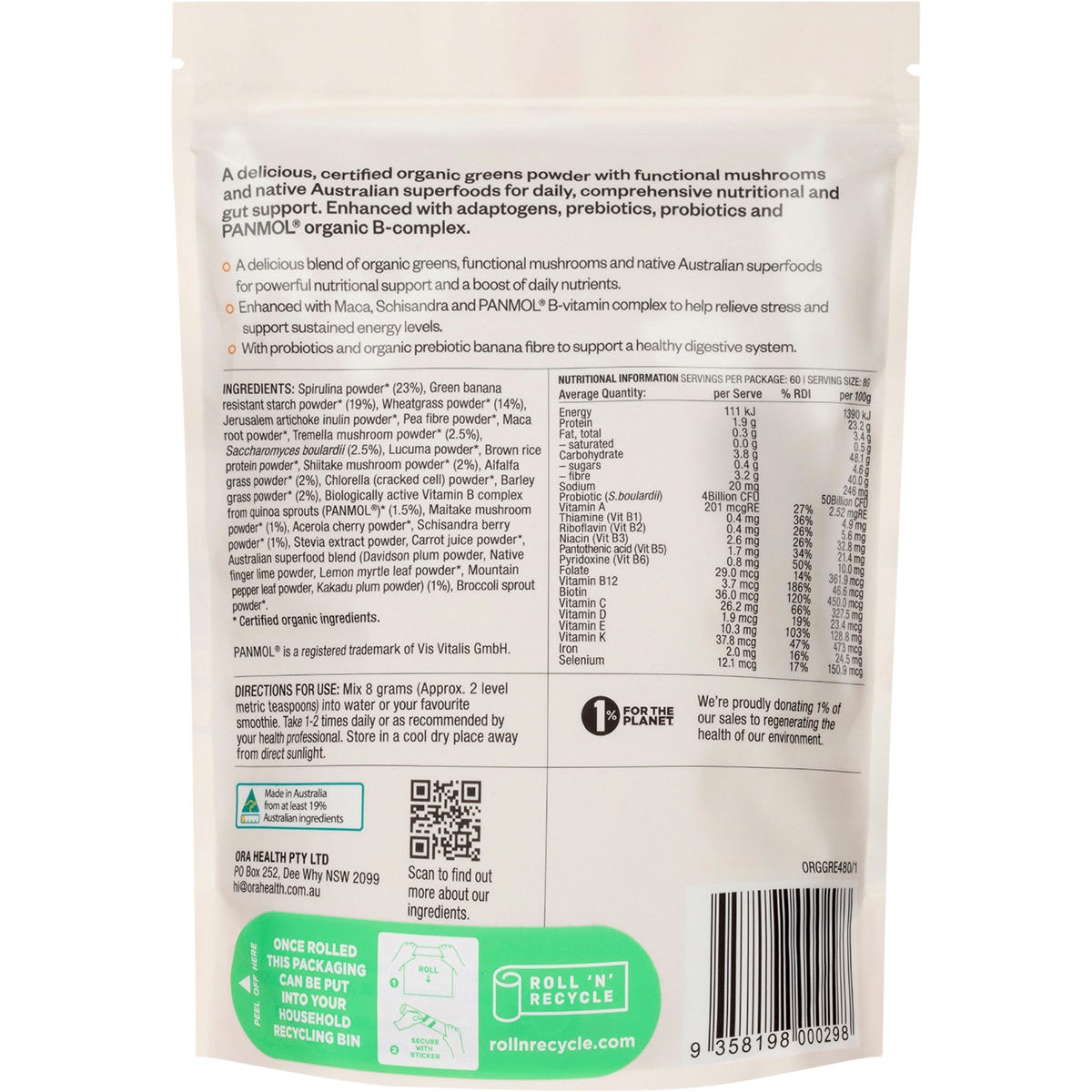 Ora Health Organic Greens Superpowder+ 480g - Ora Health