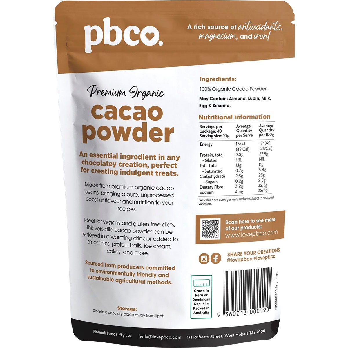 PBco Organic Cacao Powder 400g - PBco