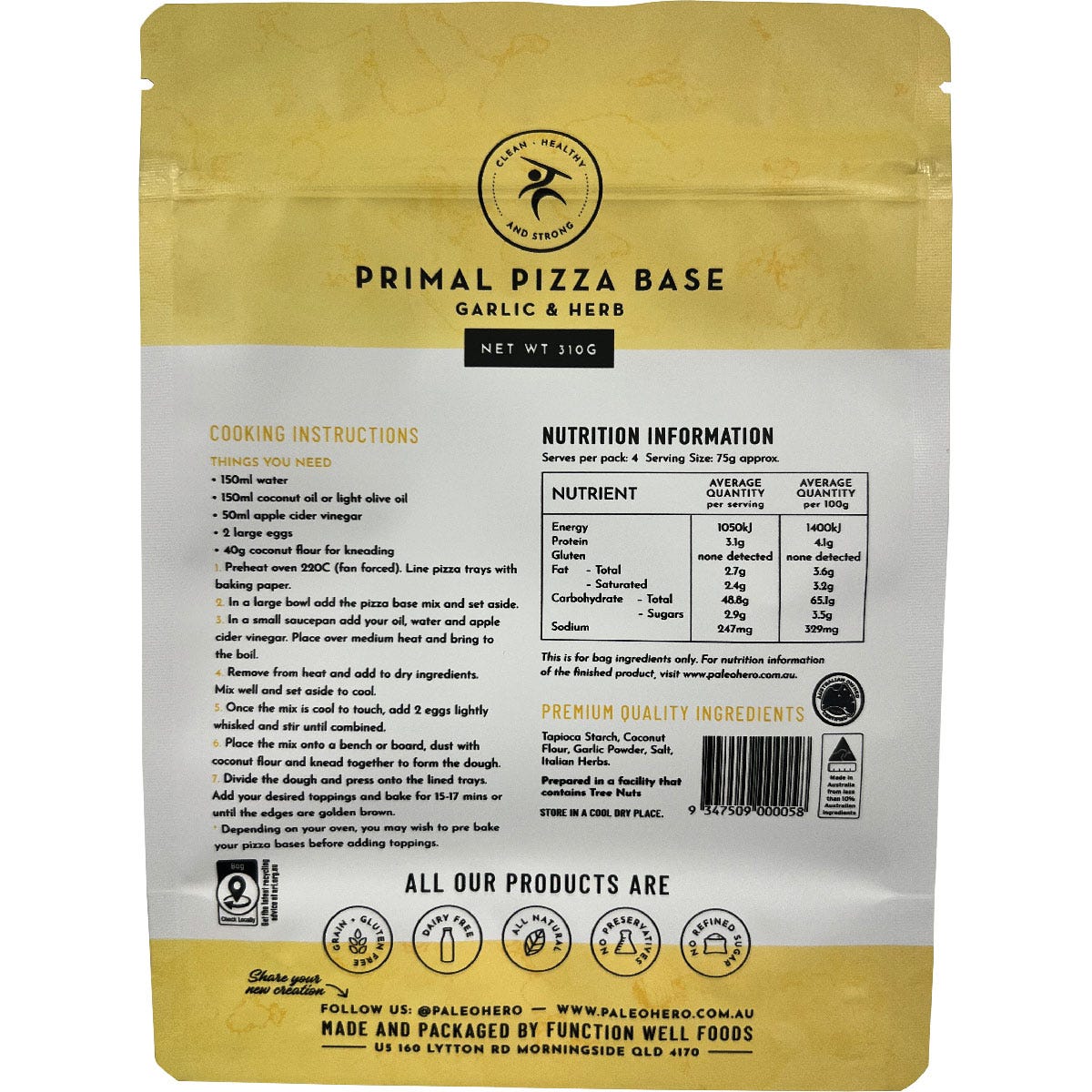 Paleo Hero Primal Pizza Base Mix Garlic & Herb 310g - Paleo Hero