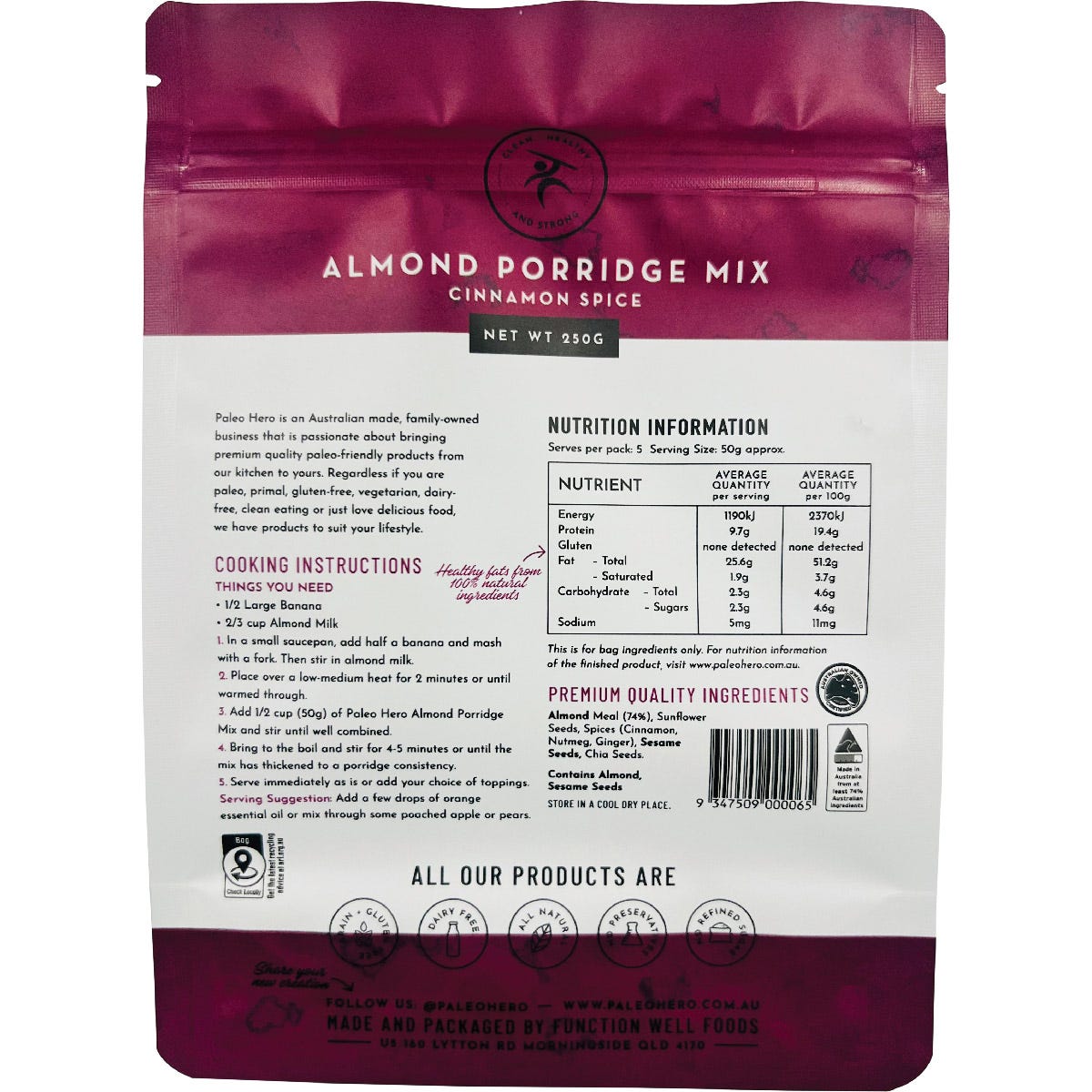 Paleo Hero Almond Porridge Mix Cinnamon Spice 250g - Paleo Hero