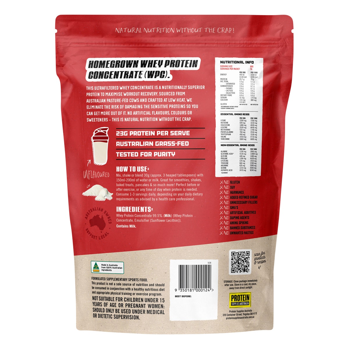 Protein Supplies Australia WPC Whey Protein Concentrate Pure/Unflavoured 500g
