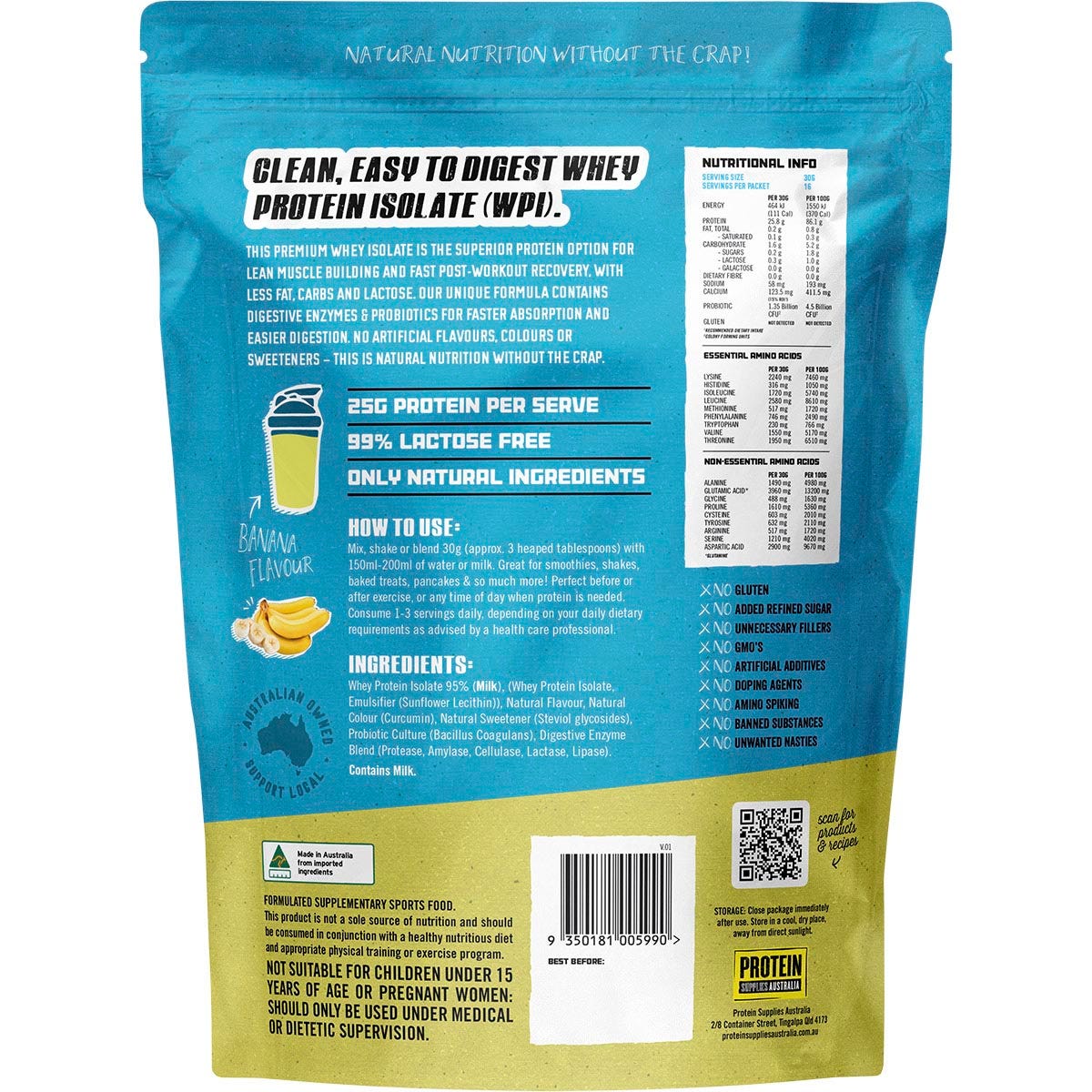 Protein Supplies Australia WPI Whey Protein Isolate Banana 500g - Protein Supplies Australia