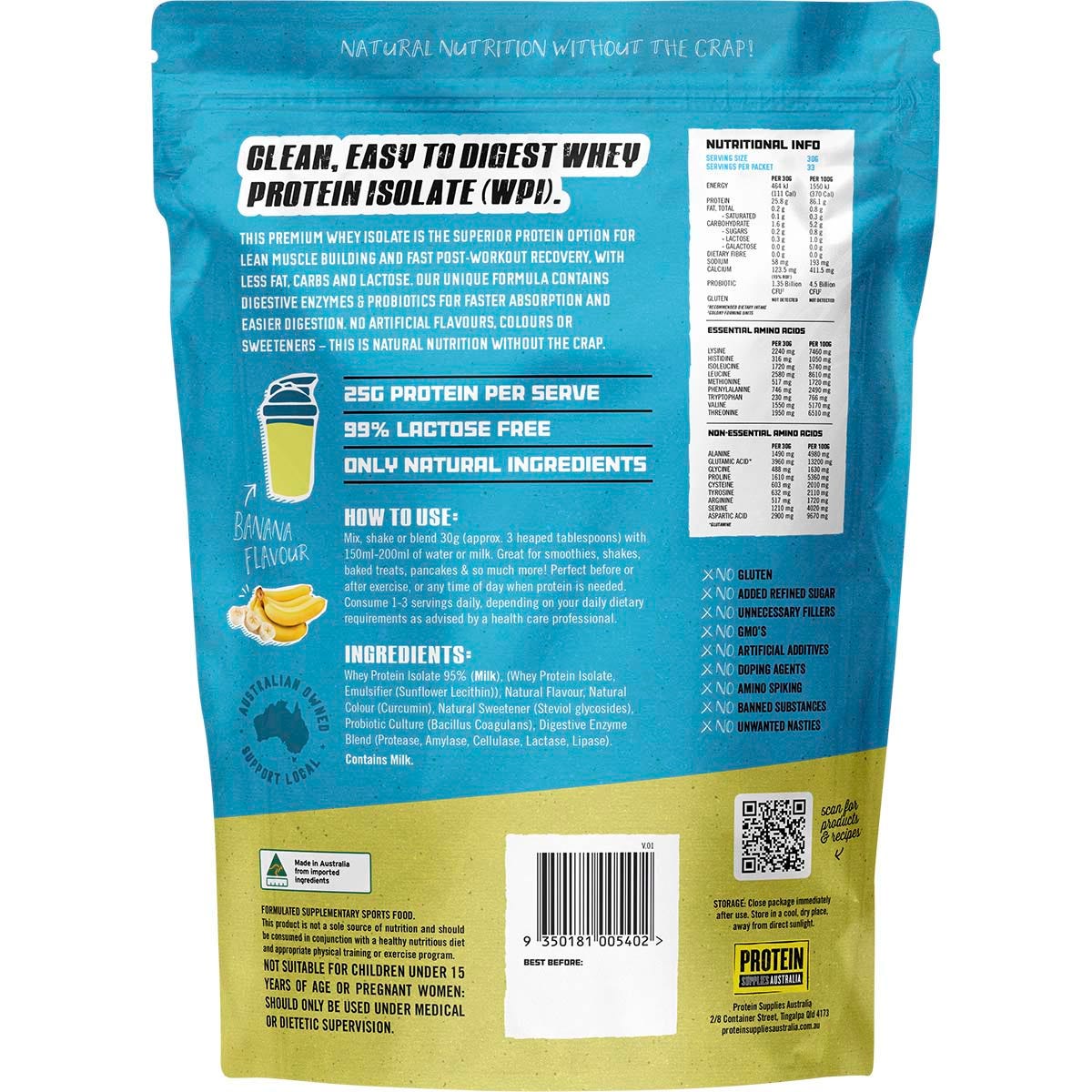 Protein Supplies Australia WPI Whey Protein Isolate Banana 1kg - Protein Supplies Australia