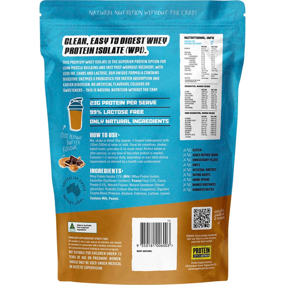 Protein Supplies Australia WPI Whey Protein Isolate Choc Peanut Butter 1kg - Protein Supplies Australia