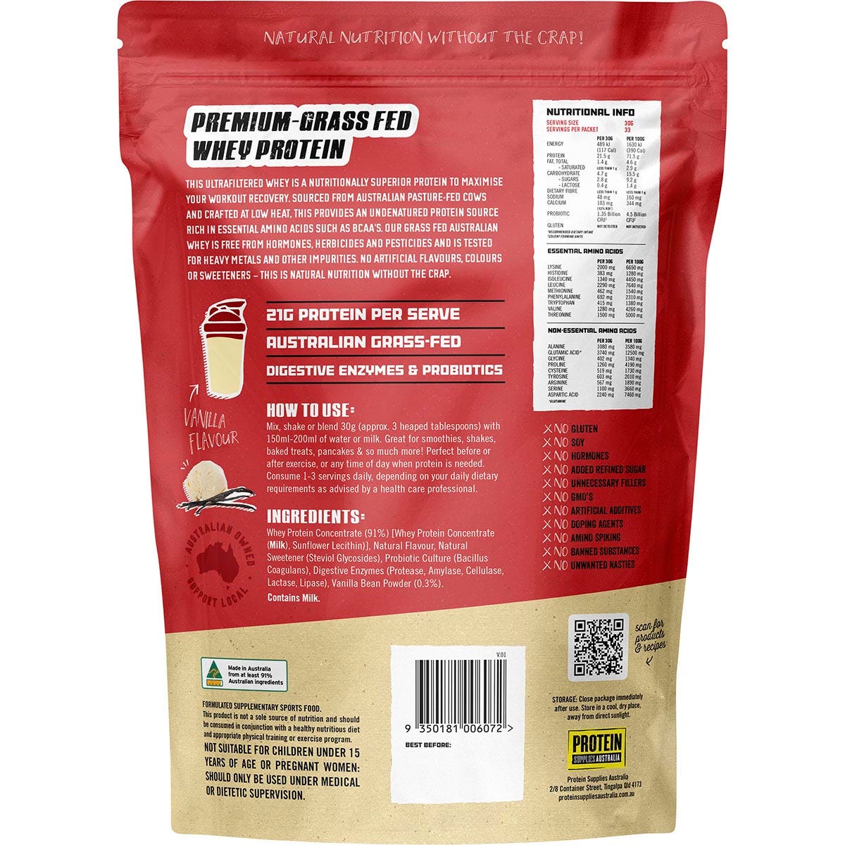 Protein Supplies Australia Australian Whey Protein Vanilla 1kg - Protein Supplies Australia