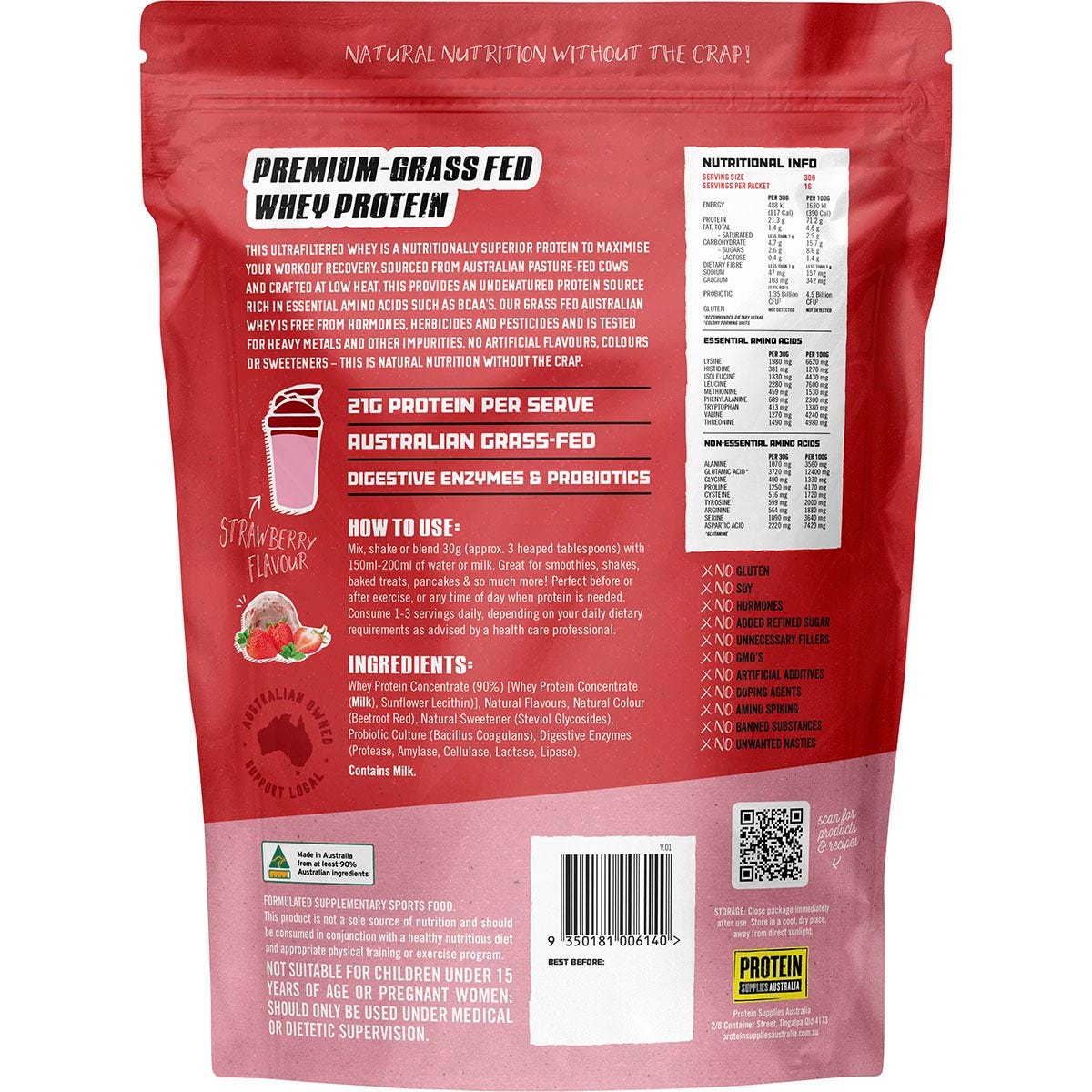 Protein Supplies Australia Australian Whey Protein Strawberry 500g - Protein Supplies Australia