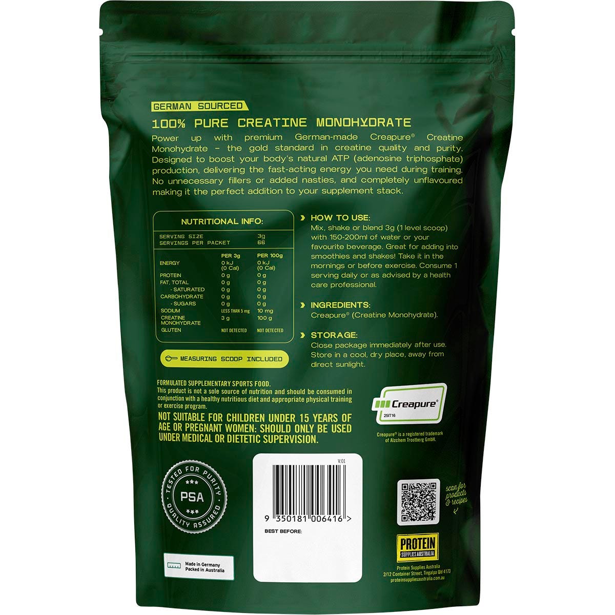 Protein Supplies Australia German Sourced Creatine Unflavoured 200g - Protein Supplies Australia