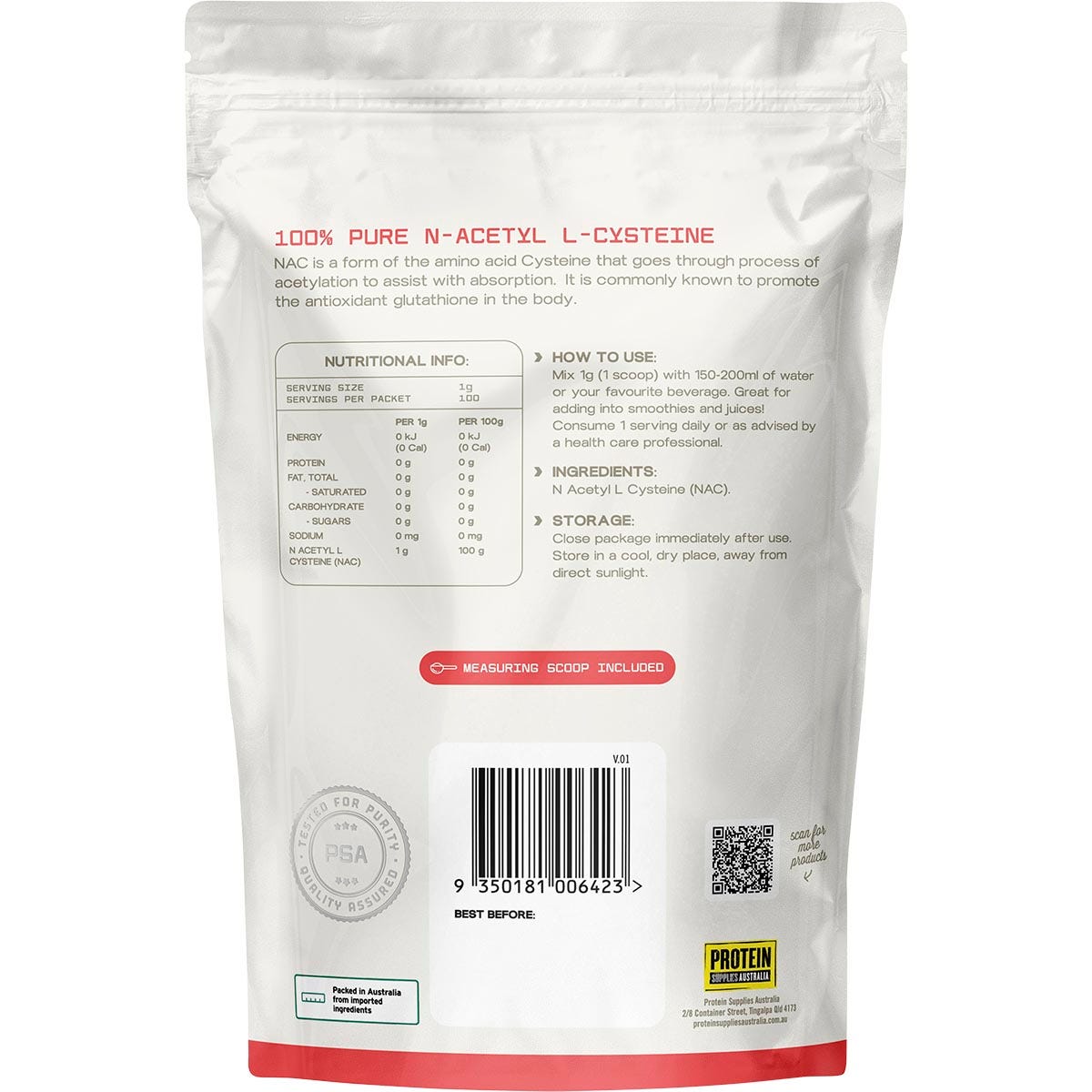 Protein Supplies Australia NAC Unflavoured 100g - Protein Supplies Australia