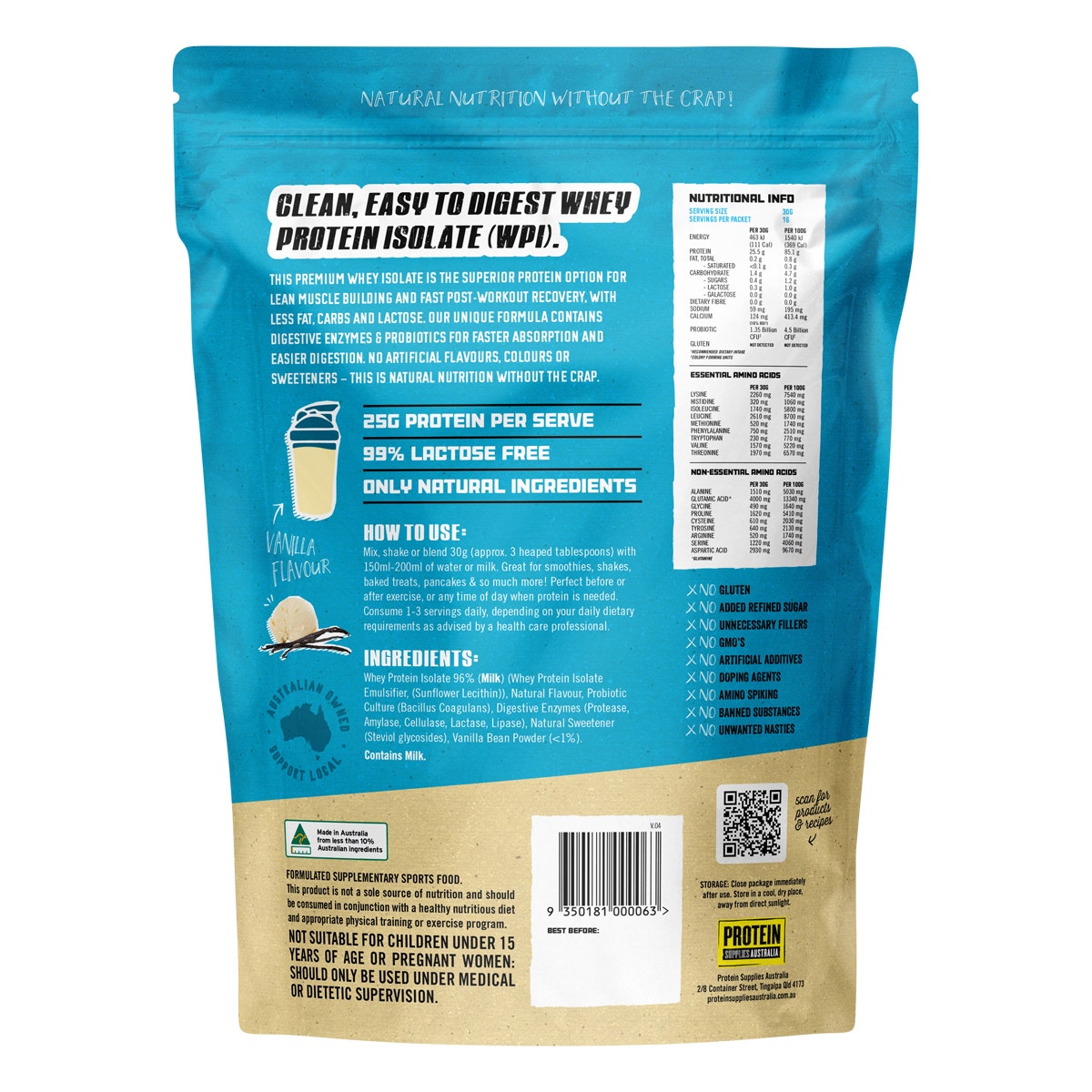 Protein Supplies Australia WPI Whey Protein Isolate Vanilla Bean 500g