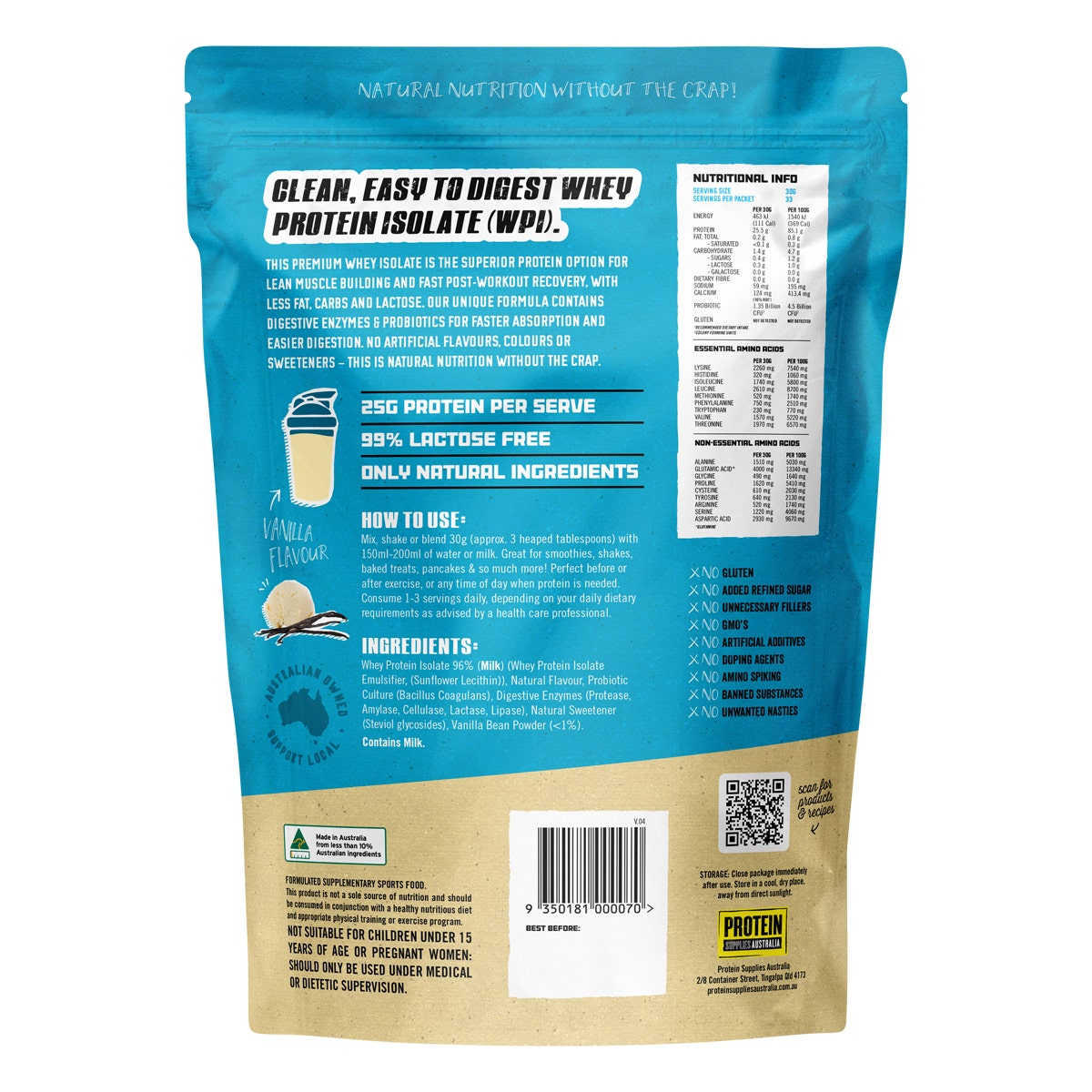 Protein Supplies Australia WPI Whey Protein Isolate Vanilla 1kg