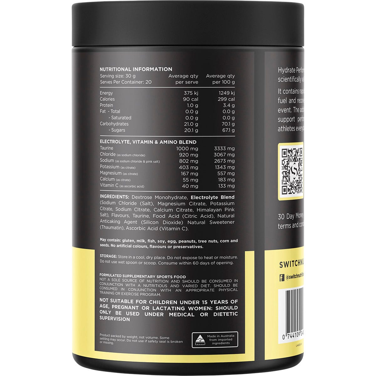 Switch Nutrition Hydrate Perform Electrolytes & Carbs Raspberry Lemonade 600g - Switch Nutrition