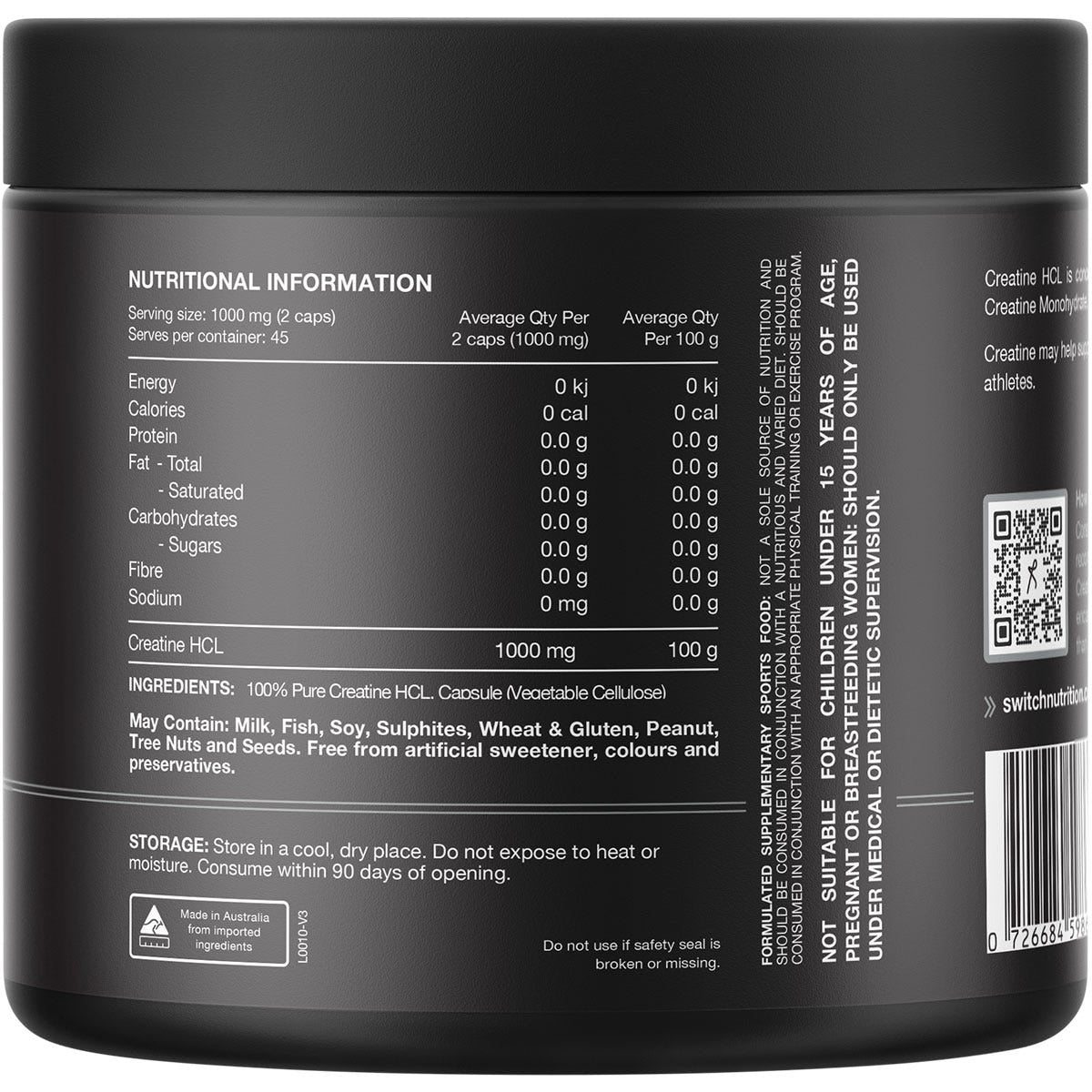 Switch Nutrition Creatine 100% Pure HCL 90 Caps - Switch Nutrition