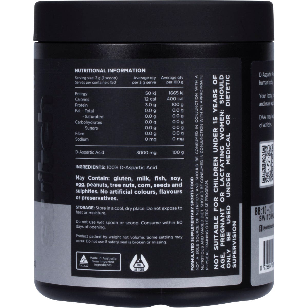 Switch Nutrition DAA 100% Pure D-Aspartic Acid Unflavoured 150g - Switch Nutrition