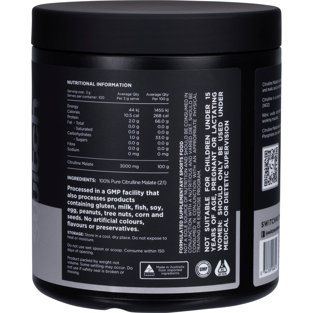 Switch Nutrition Citrulline 100% Pure Citrulline Unflavoured 300g - Switch Nutrition