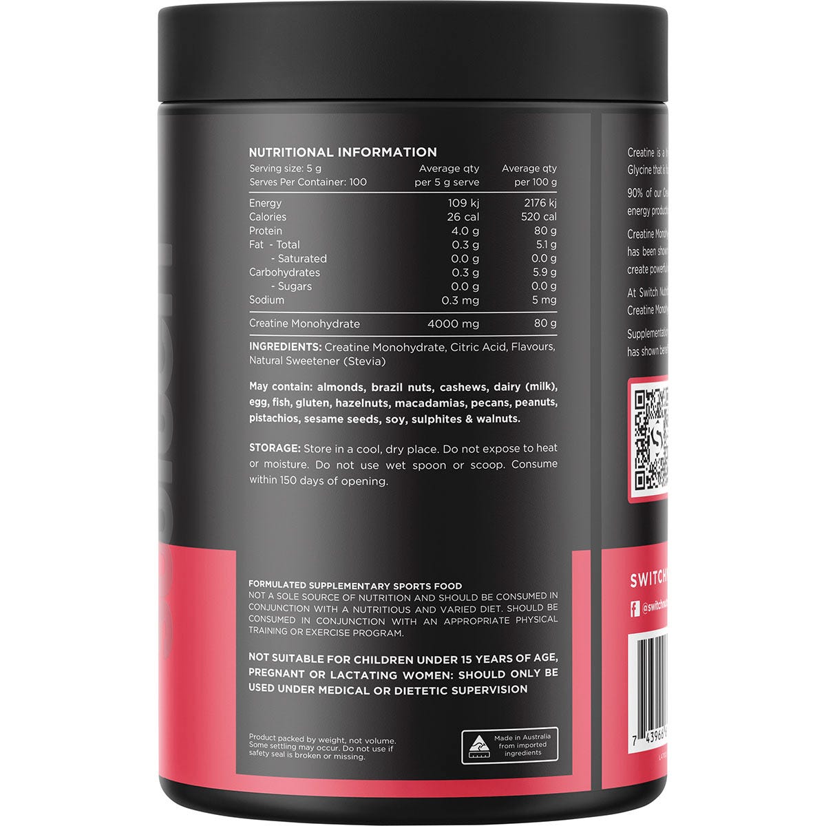 Switch Nutrition Creatine Monohydrate Red Raspberry 500g - Switch Nutrition