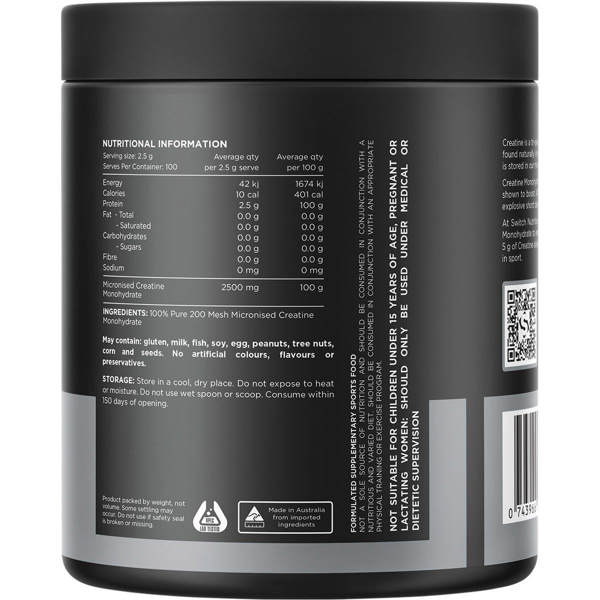 Switch Nutrition Creatine 100% Pure Micronized Monohydrate Unflavoured 250g - Switch Nutrition