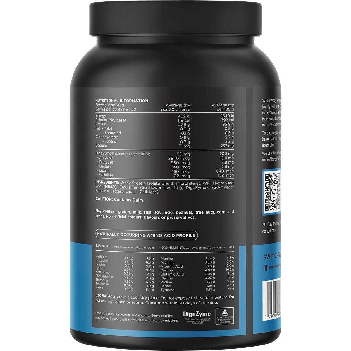 Switch Nutrition WPI Premium Whey Protein Isolate Unflavoured 900g - Switch Nutrition