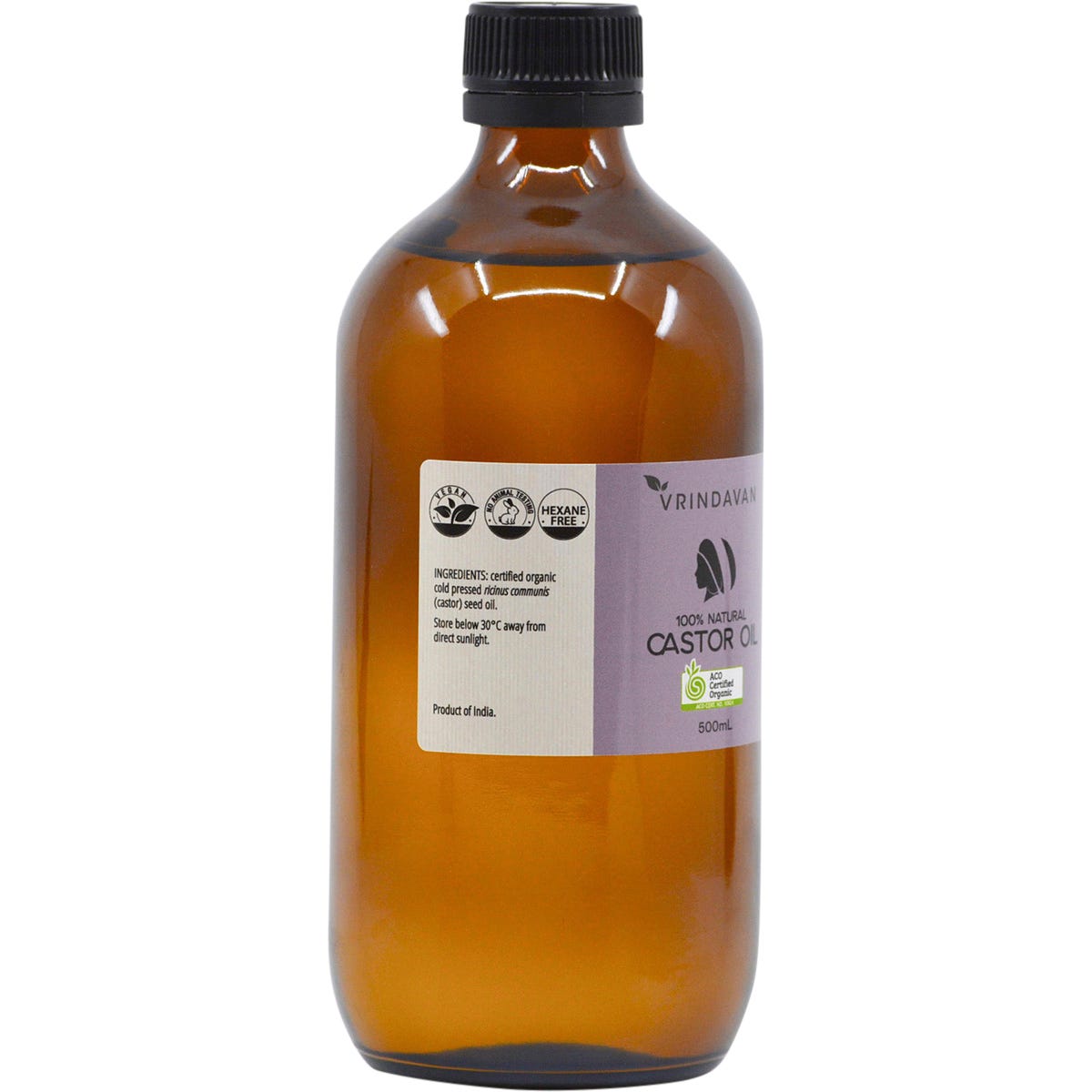 Vrindavan Castor Oil 100% Natural - Amber Glass Bottle 500ml - Vrindavan