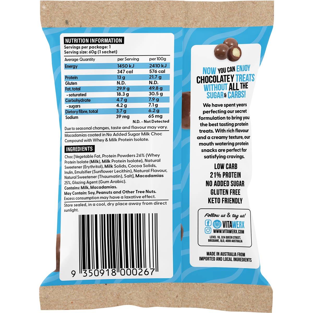 Vitawerx Milk Choc Coated Macadamias 10x60g - Vitawerx