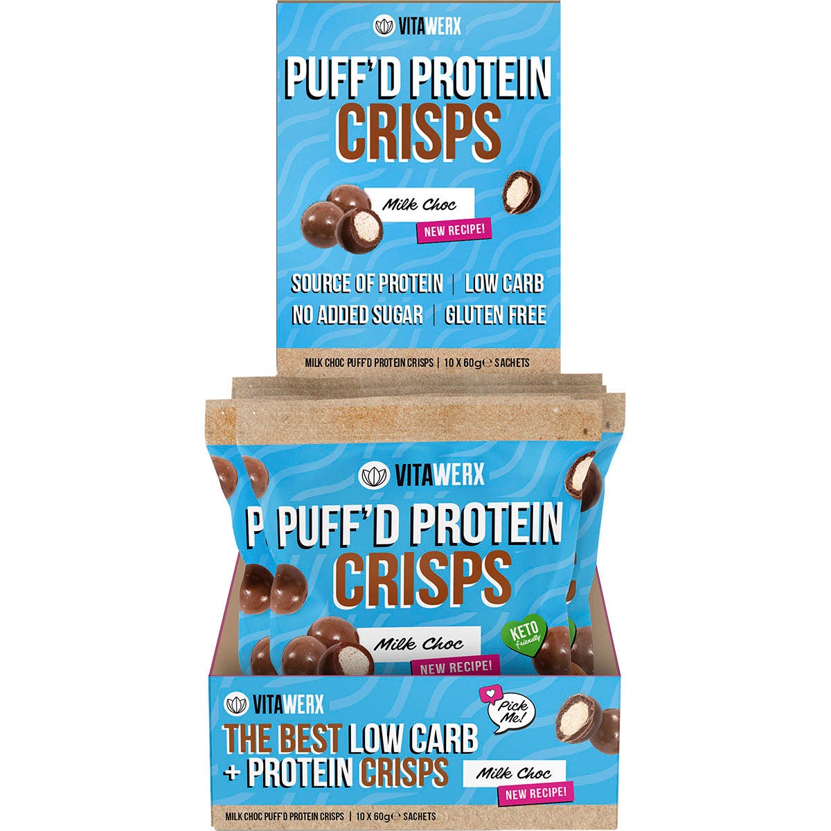 Vitawerx Puff'd Protein Crisps Milk Choc 10x60g - Vitawerx