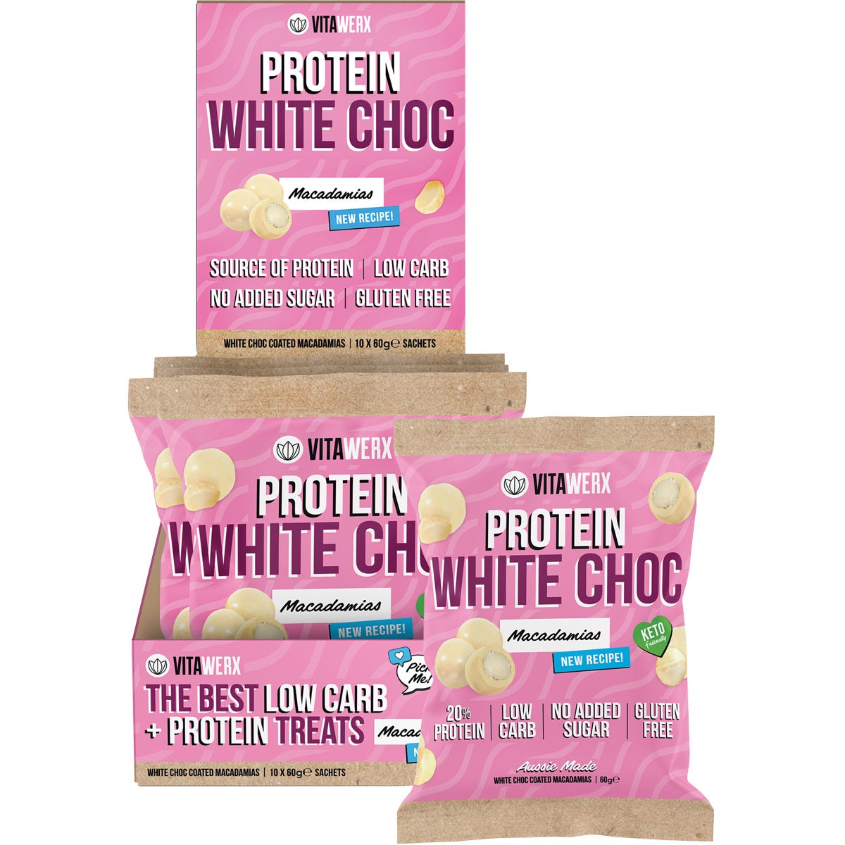 Vitawerx White Choc Coated Macadamias 10x60g - Vitawerx