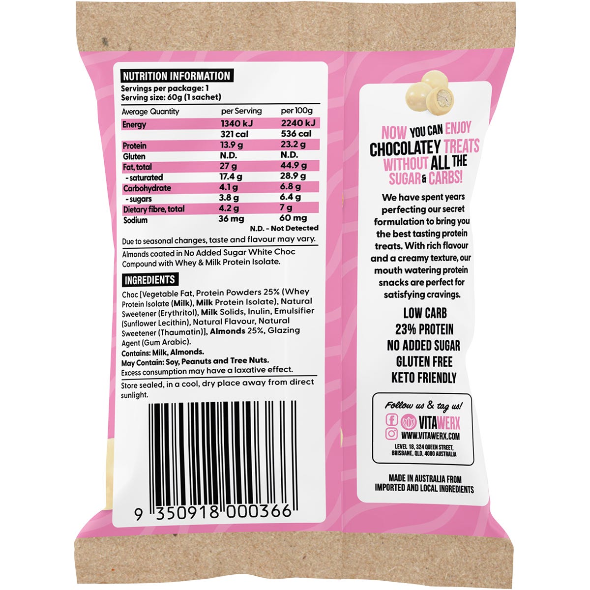 Vitawerx Protein White Choc Coated Almonds 10x60g - Vitawerx
