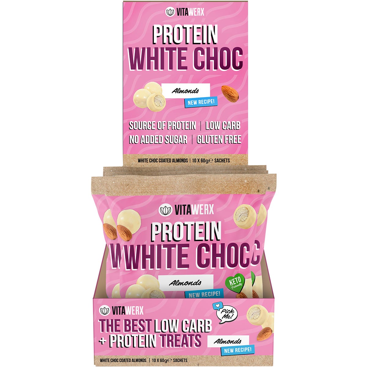 Vitawerx Protein White Choc Coated Almonds 10x60g - Vitawerx