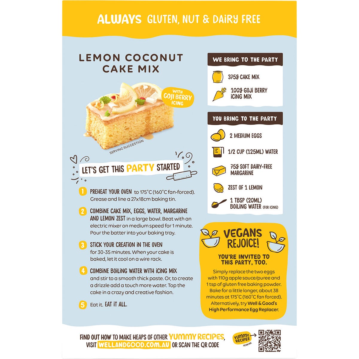 Well & Good Lemon Coconut Cake Mix with Goji Berry Icing 475g - Well & Good