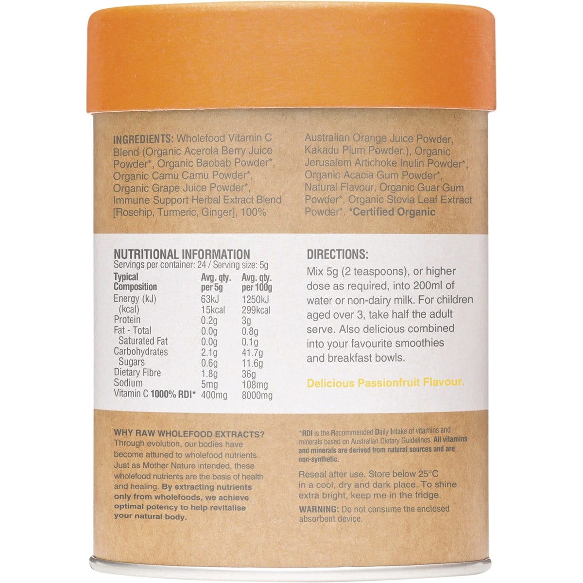 Amazonia Raw Wholefood Extracts Vitamin C+ Passionfruit Flavour 120g