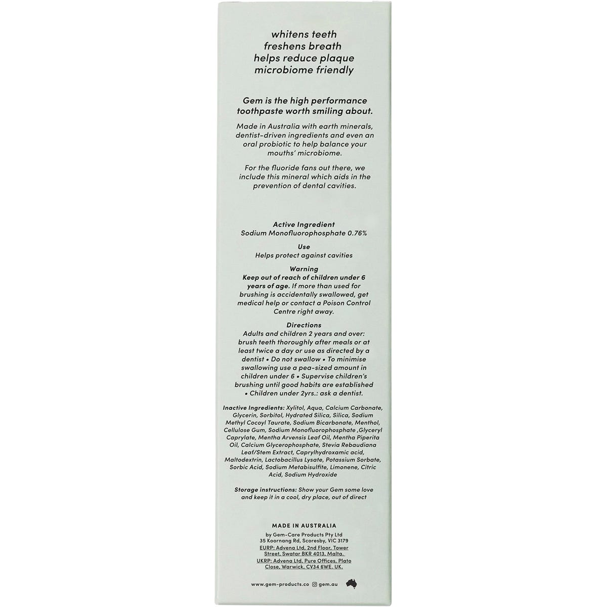 Gem Toothpaste Triple Whitening Fluoride Crisp Mint 100g