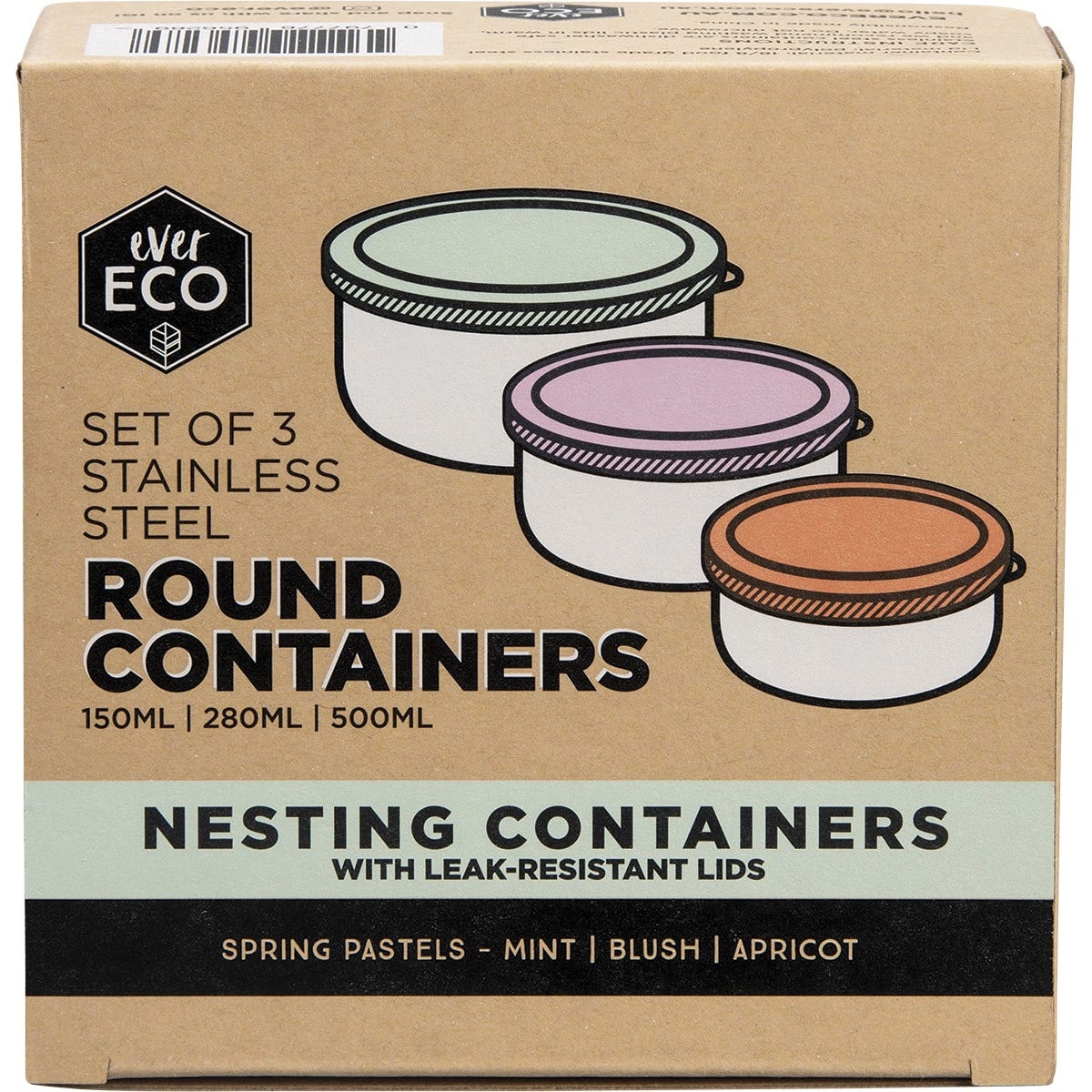 Ever Eco Stainless Steel Round Nesting Containers Spring Pastels 3pk
