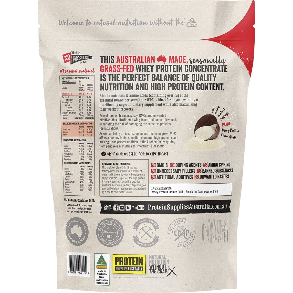 Protein Supplies Australia WPC Whey Protein Concentrate Pure/Unflavoured 500g