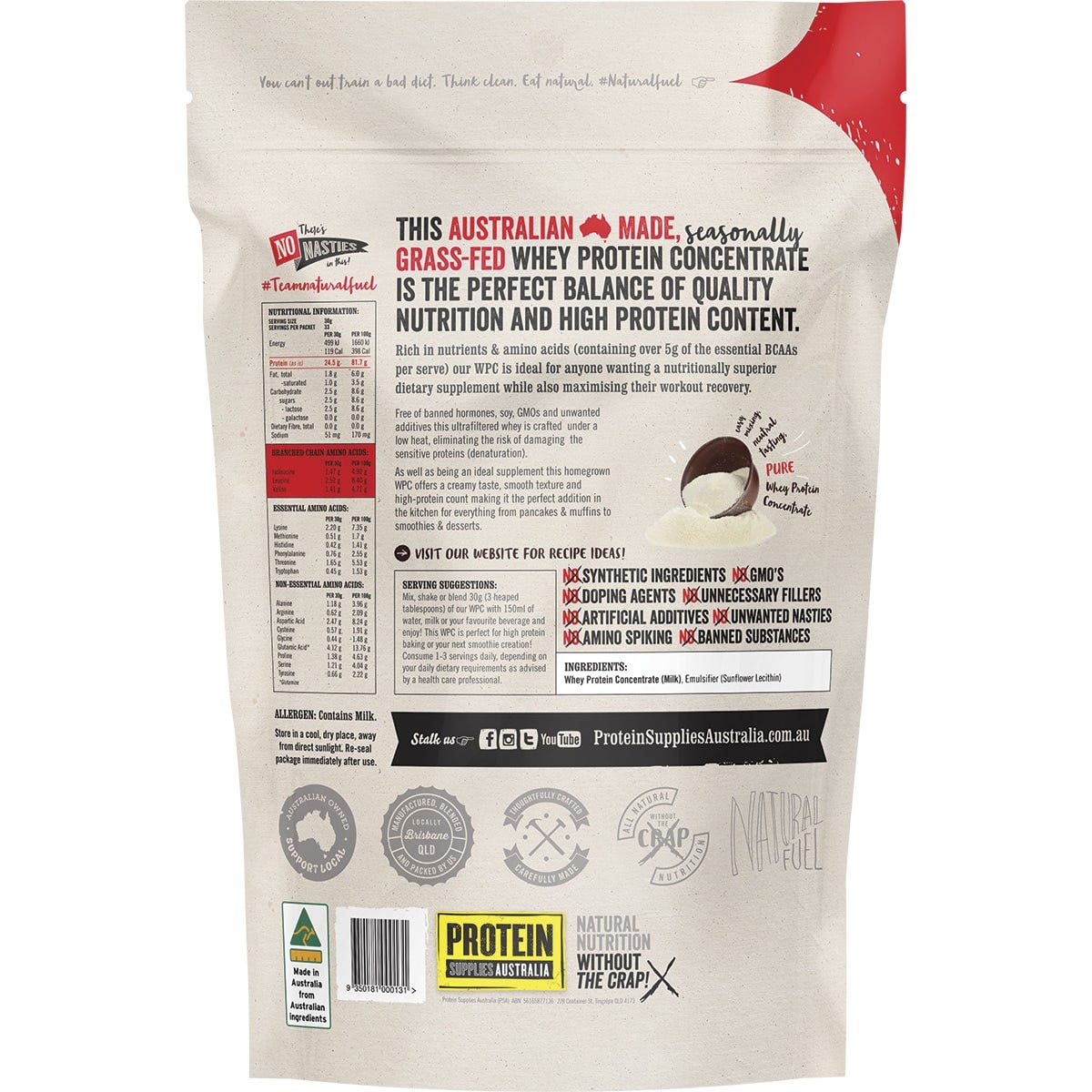 Protein Supplies Australia WPC Whey Protein Concentrate Pure/Unflavoured 1kg