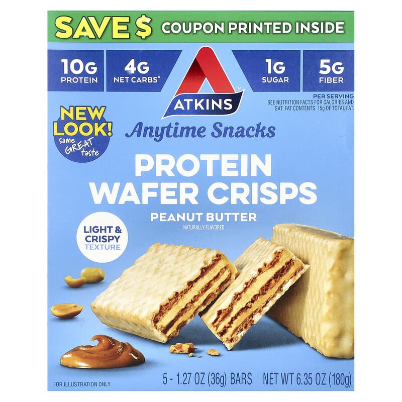 Atkins Anytime Snacks Protein Wafer Crisps Peanu Butter 5 Bars 36g Each