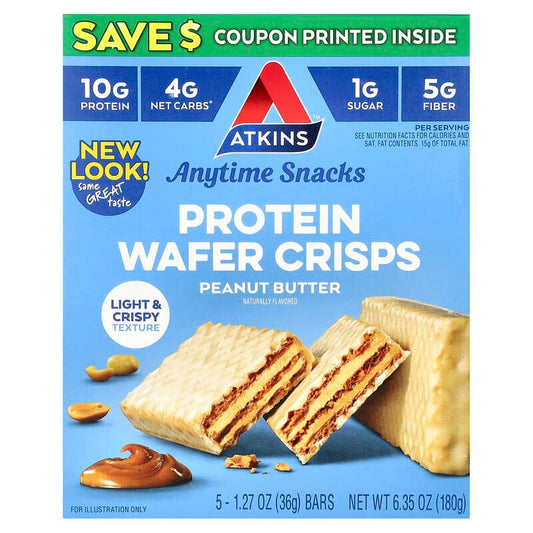 Atkins Anytime Snacks Protein Wafer Crisps Peanu Butter 5 Bars 36g Each