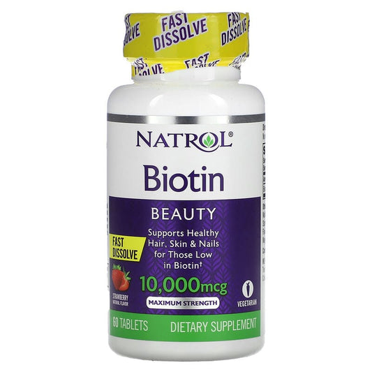 Natrol Biotin Fast Dissolve Maximum Strength Strawberry 10,000 mcg 60 Tablets