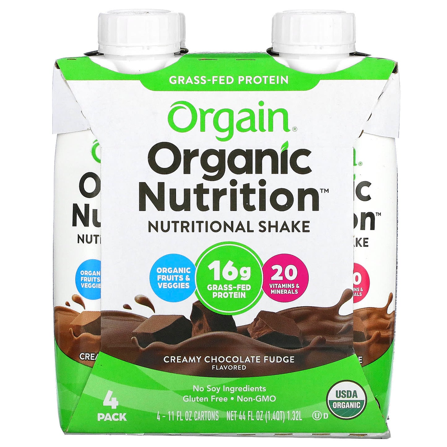 Orgain, Organic Nutrition, Nutritional Shake, Creamy Chocolate Fudge, 4 Pack, 11 fl oz Each