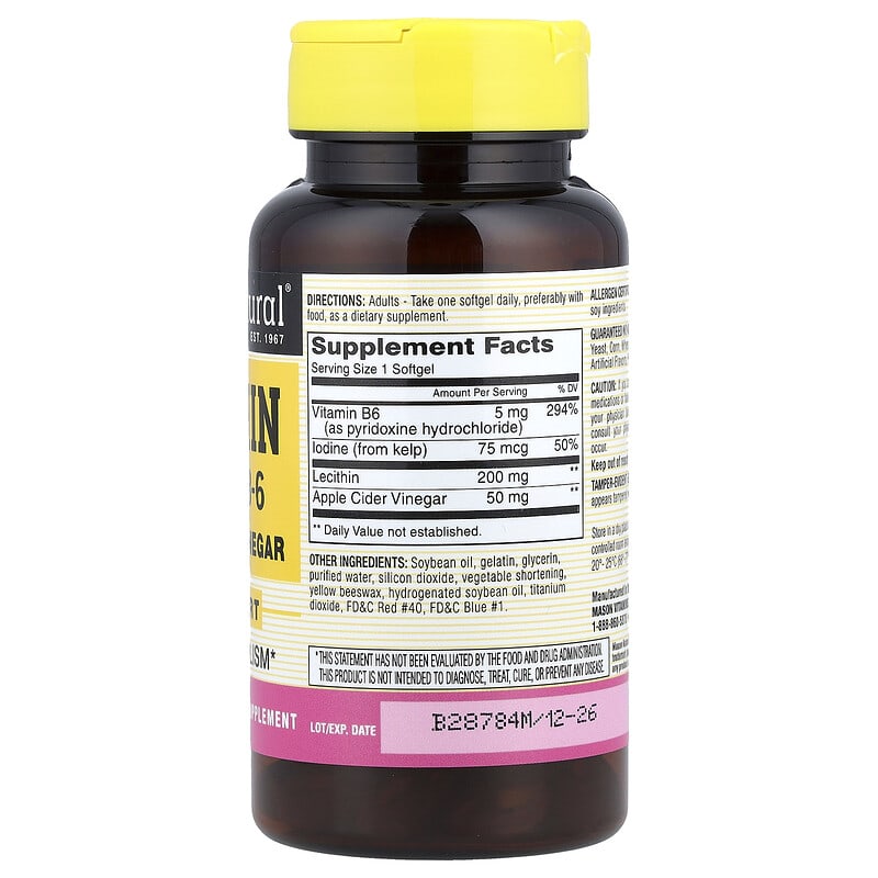 Mason Natural, Lecithin with Kelp/B-6 + Apple Cider Vinegar, 100 Softgels