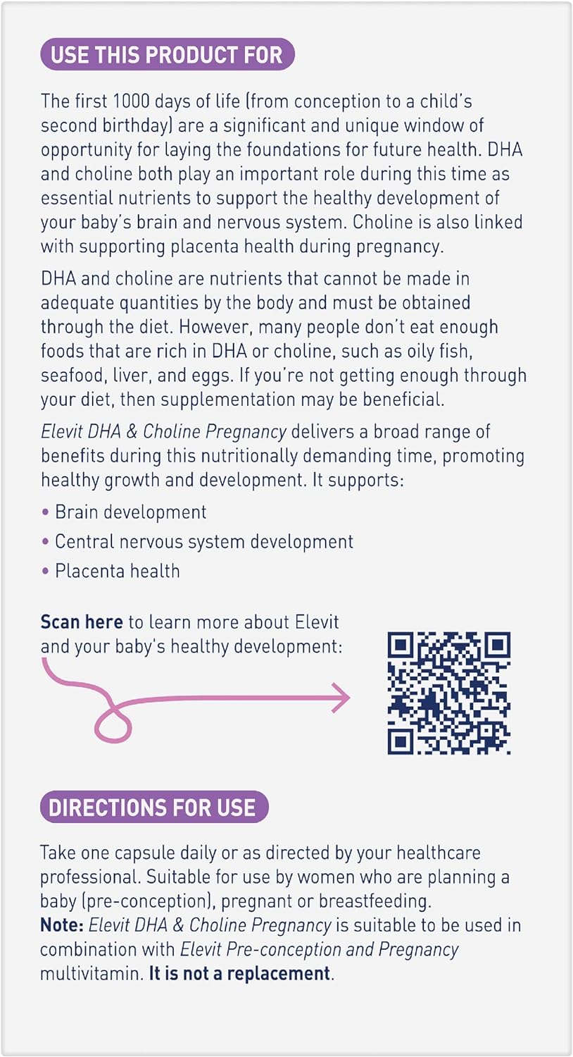 Elevit DHA + Choline Pregnancy supplement Supports Baby's Brain & Central Nervous System Development during Pregnancy, 60 Count