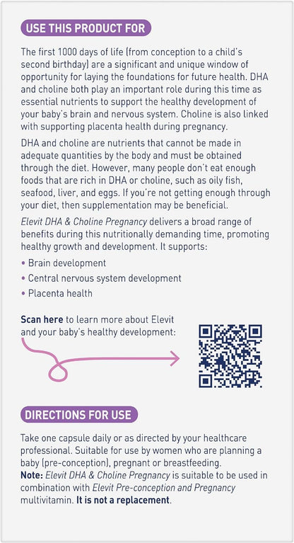 Elevit DHA + Choline Pregnancy supplement Supports Baby's Brain & Central Nervous System Development during Pregnancy, 60 Count