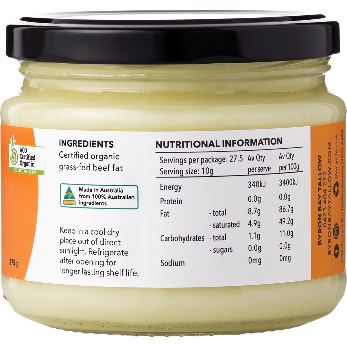 BYRON BAY TALLOW Organic Grass Fed Beef Tallow 275g - BYRON BAY TALLOW