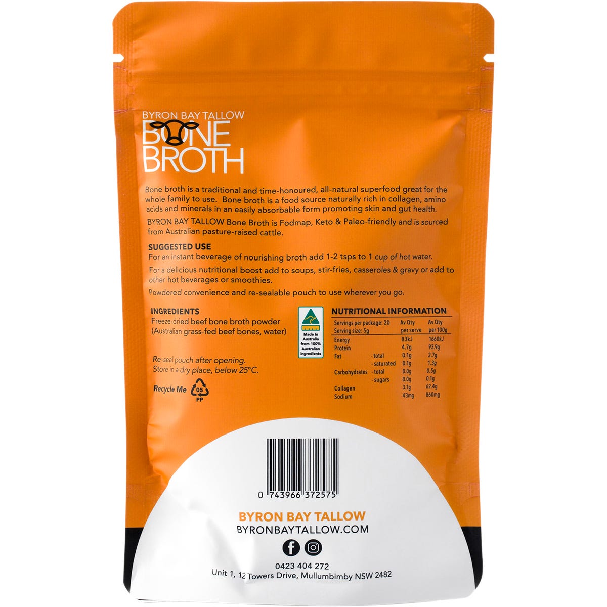 BYRON BAY TALLOW Grass Fed Beef Bone Broth Powder 100g - BYRON BAY TALLOW