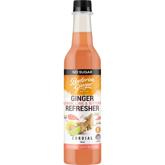 Buderim Ginger Ginger Lemon, Lime & Bitter Refresher Cordial No Sugar 750ml - Buderim Ginger