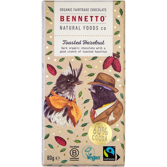 Bennetto Organic Dark Chocolate Toasted Hazelnut 12x80g - Bennetto