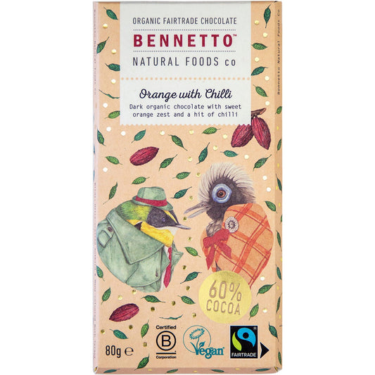 Bennetto Organic Dark Chocolate Orange with Chilli 12x80g - Bennetto