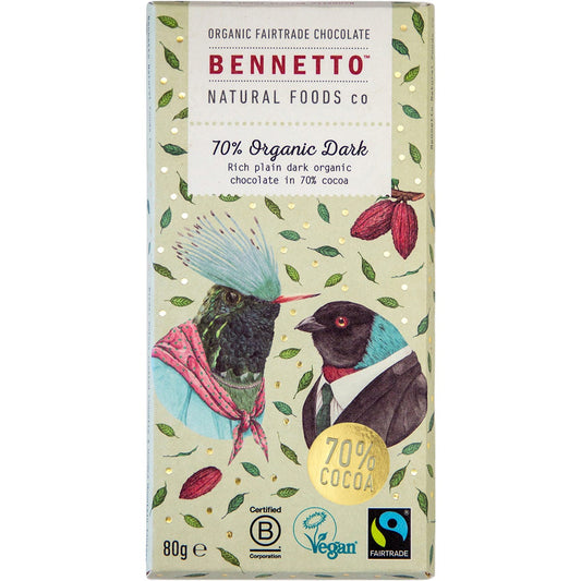 Bennetto Organic Dark Chocolate 70% Organic Dark 12x80g - Bennetto