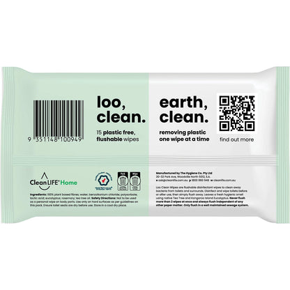 CleanLIFE Loo Clean Flushable Plastic Free Wipes 15pk - CleanLIFE
