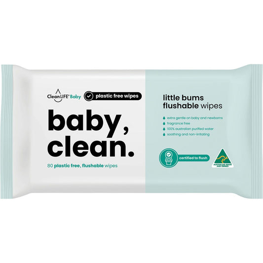 CleanLIFE Baby Clean Flushable Plastic Free Wipes 80pk - CleanLIFE